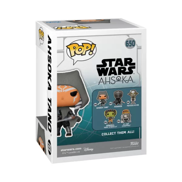 Back view of the packaging for the Star Wars Ahsoka Tano Funko Pop collectable bobblehead vinyl figure #650, displaying box details.