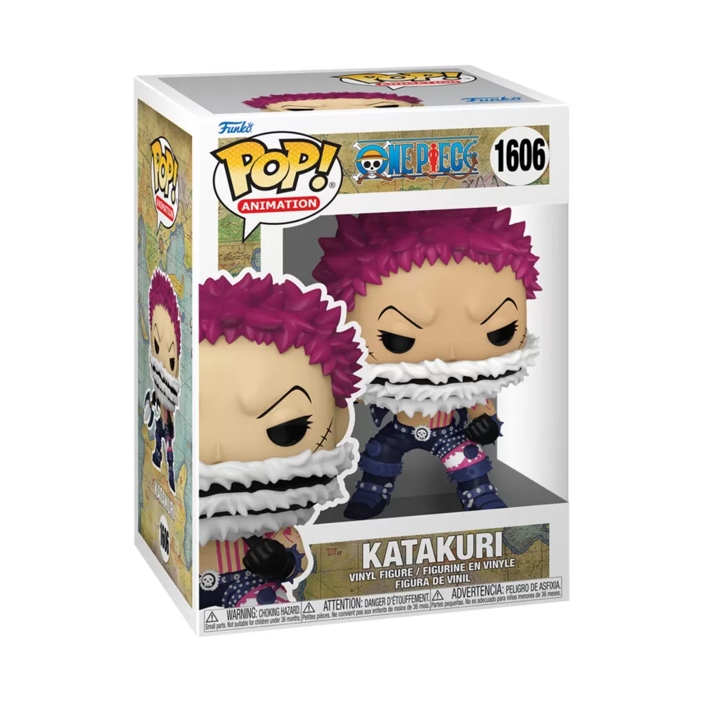 Front view of the One Piece Katakuri Funko Pop collectable animation vinyl figure #1606 in its original packaging.