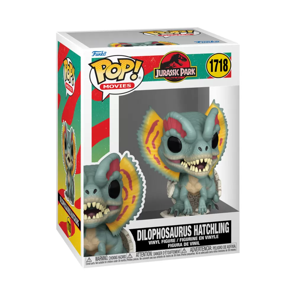 Front view of the Jurassic Park Funko Pop Dilophosaurus Hatchling Vinyl Figure #1718 in its packaging.