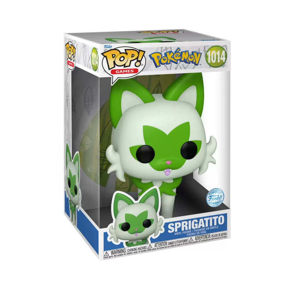 Front view of Sprigatito Jumbo Funko Pop vinyl figure from Pokémon in its window display box.