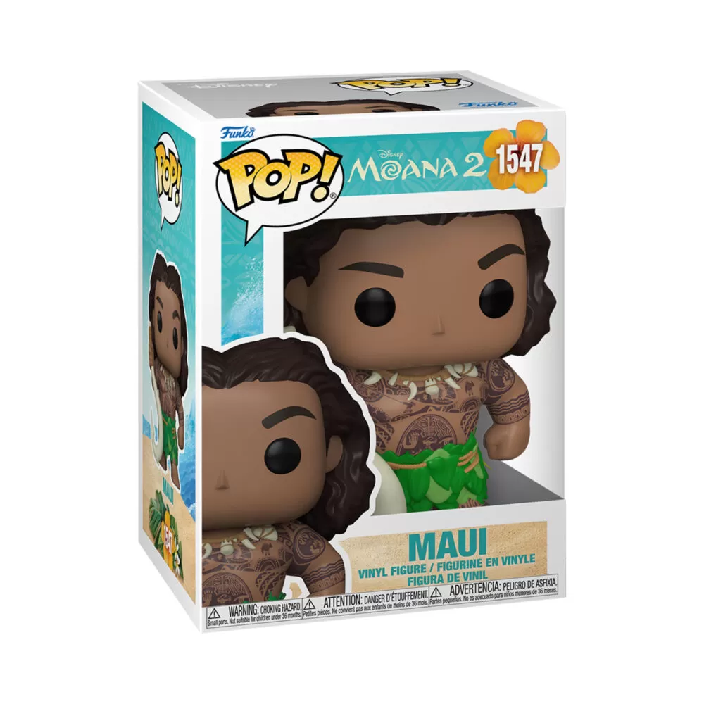 Front view of Maui With Fish Hook Funko Pop vinyl figure from Moana 2 in its window display box.