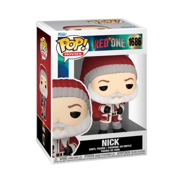 Front view of Nick Funko Pop Holiday Figure from Red One in its window display box.