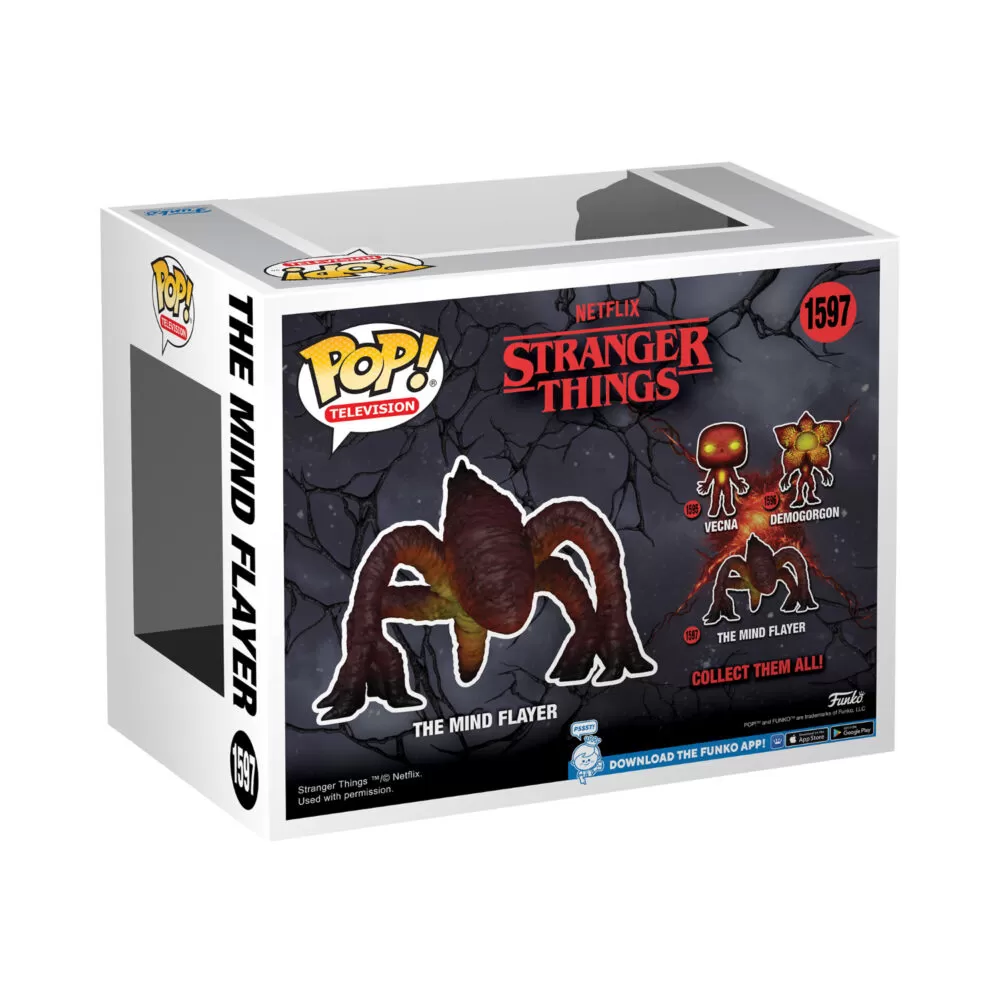 A back-facing view showing the details of the Netflix Stranger Things - The Mind Flayer Rift Funko Pop Super Sized Vinyl Figure packaging.