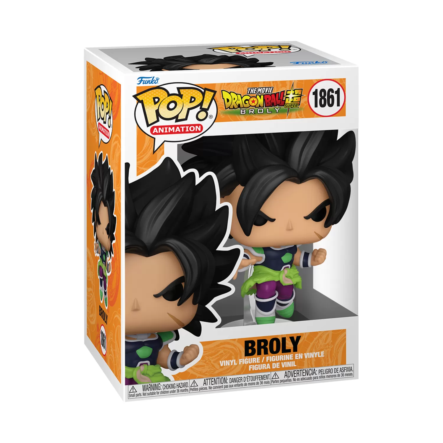 Front view of Funko Pop Broly #1861 figure from Dragon Ball Super inside its original packaging