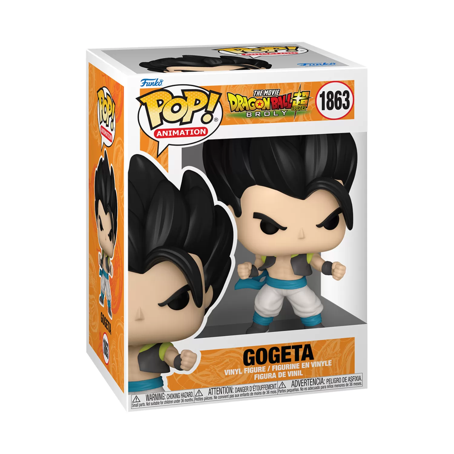 Front view of Funko Pop Gogeta #1863 figure from Dragon Ball Super Broly inside its original packaging