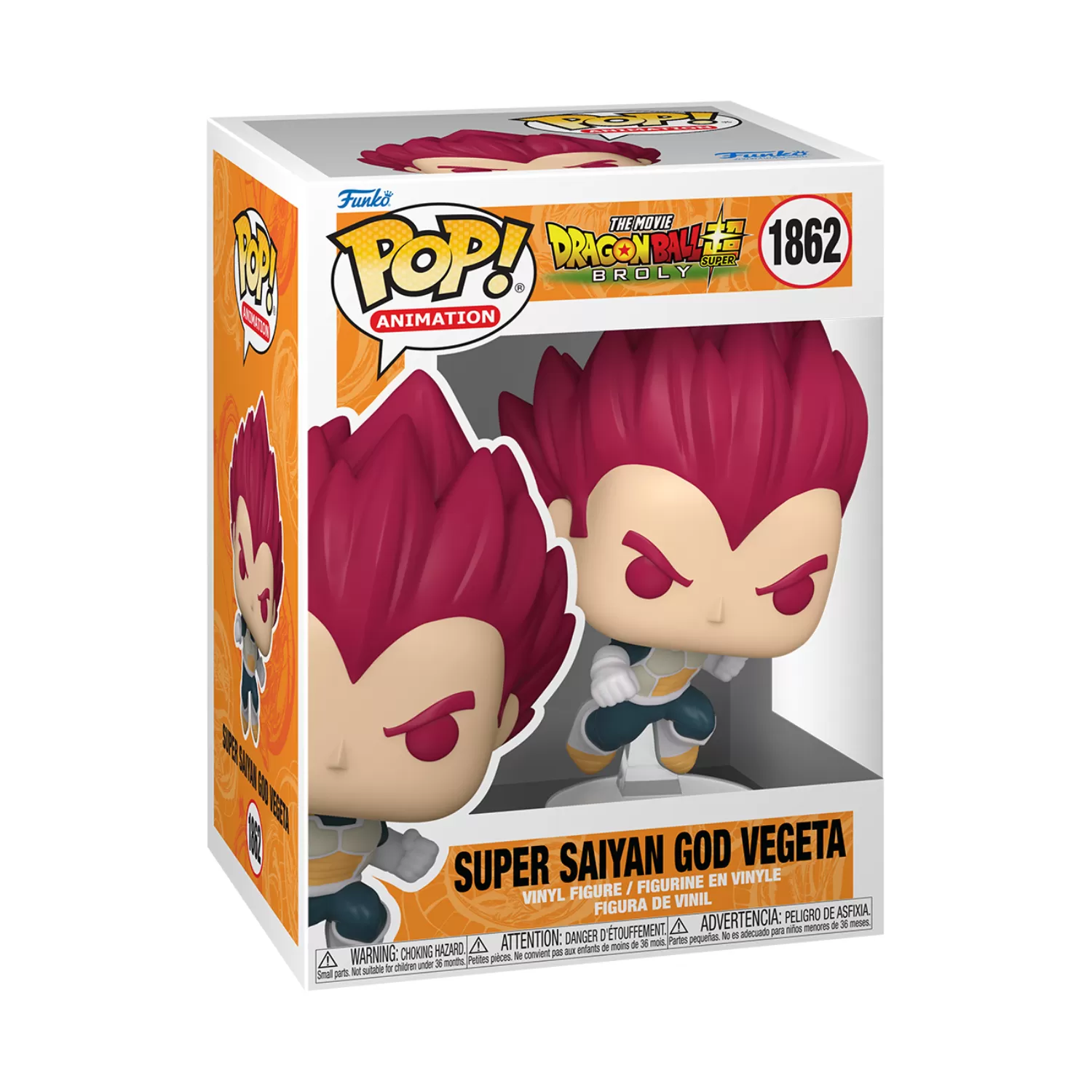 Front view of Funko Pop Super Saiyan God Vegeta Punching #1862 figure from Dragon Ball Super Broly inside its original packaging