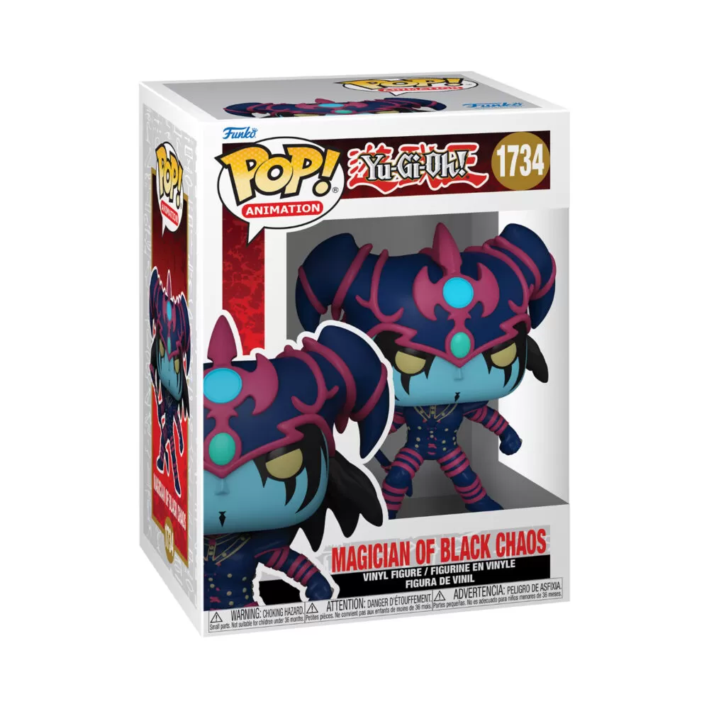 Front view of the Magician of Black Chaos Yu-Gi-Oh Pop vinyl figure in its window display box.