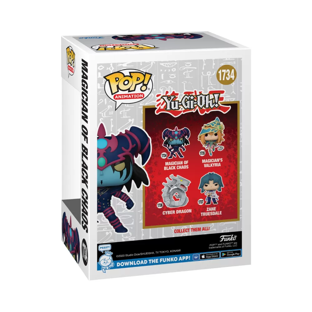 Back view of the Magician of Black Chaos Yu-Gi-Oh Pop vinyl figure in its window display box.