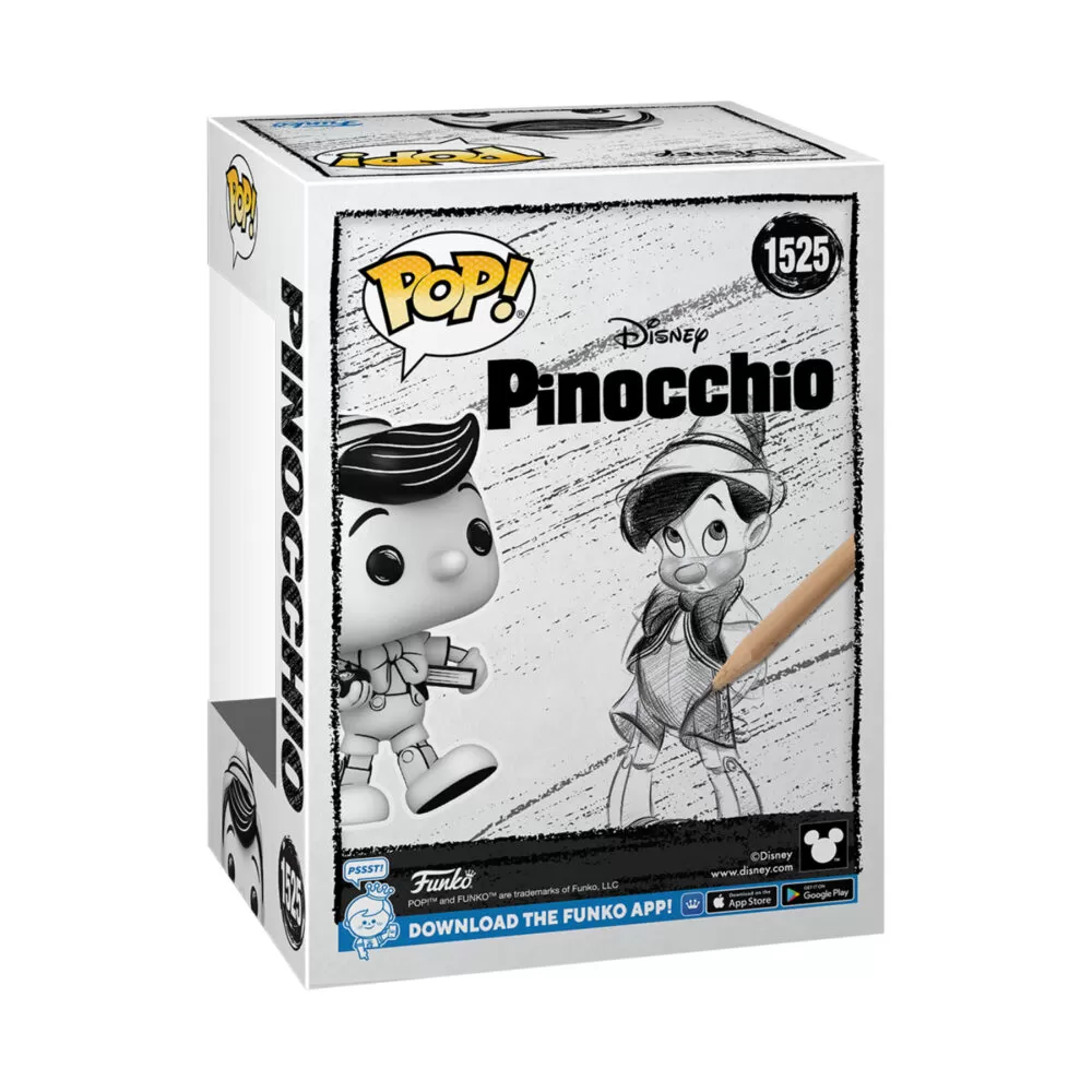 Back view of the Pinocchio Sketched Funko Pop Vinyl Figure in a window display box.