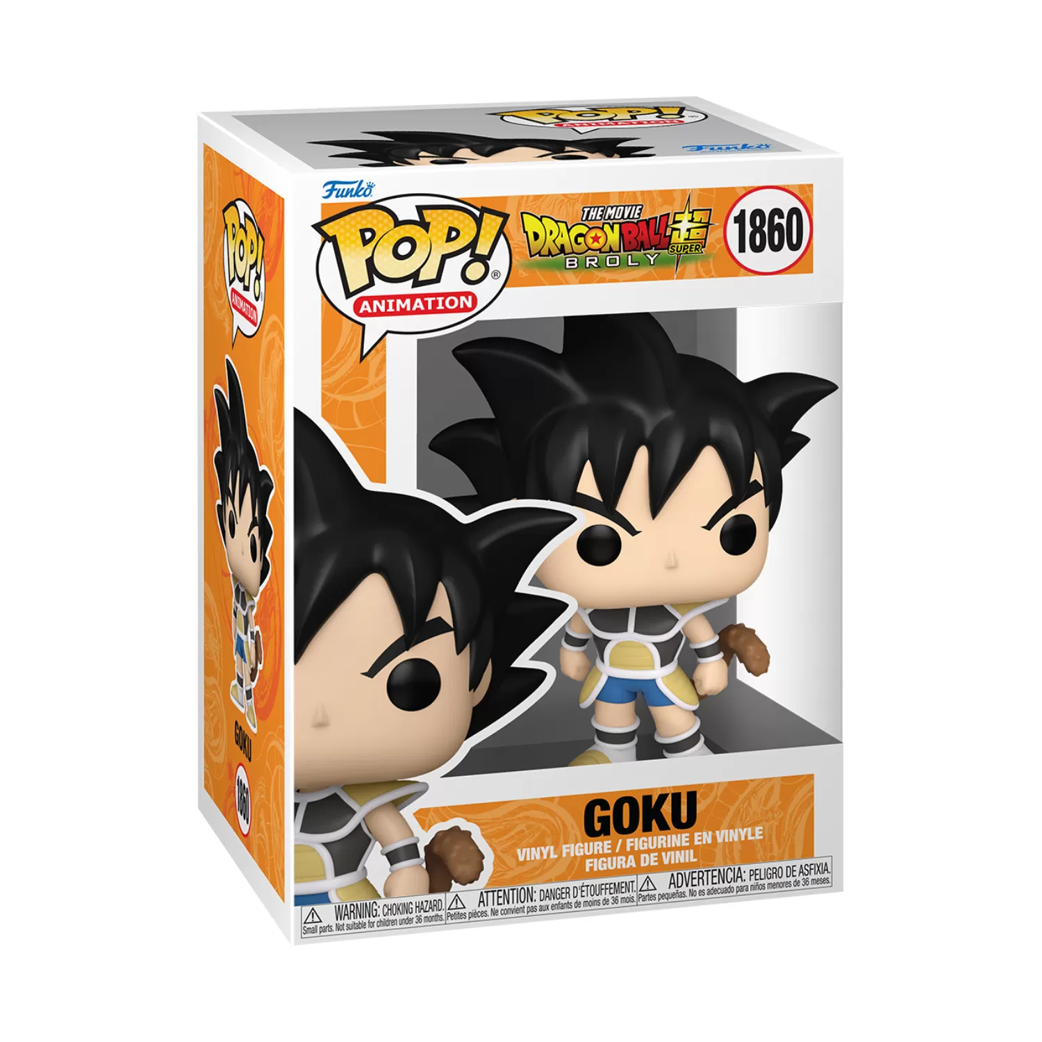 Front view of Funko Pop Goku in Saiyan Armor #1860 figure from Dragon Ball Super Broly inside its original packaging