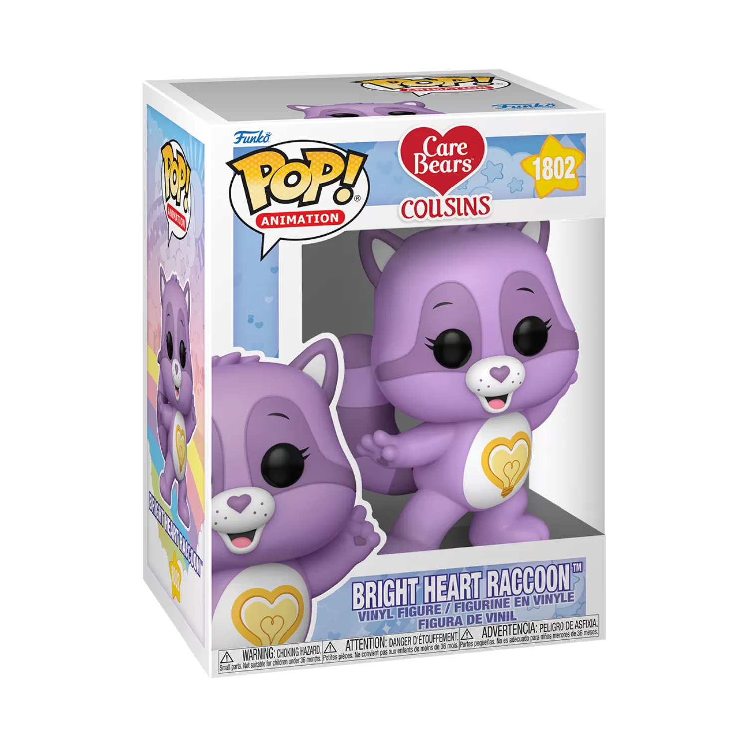 Front view of Funko Pop Bright Heart Raccoon #1802 figure from Care Bears Cousins inside its original packaging