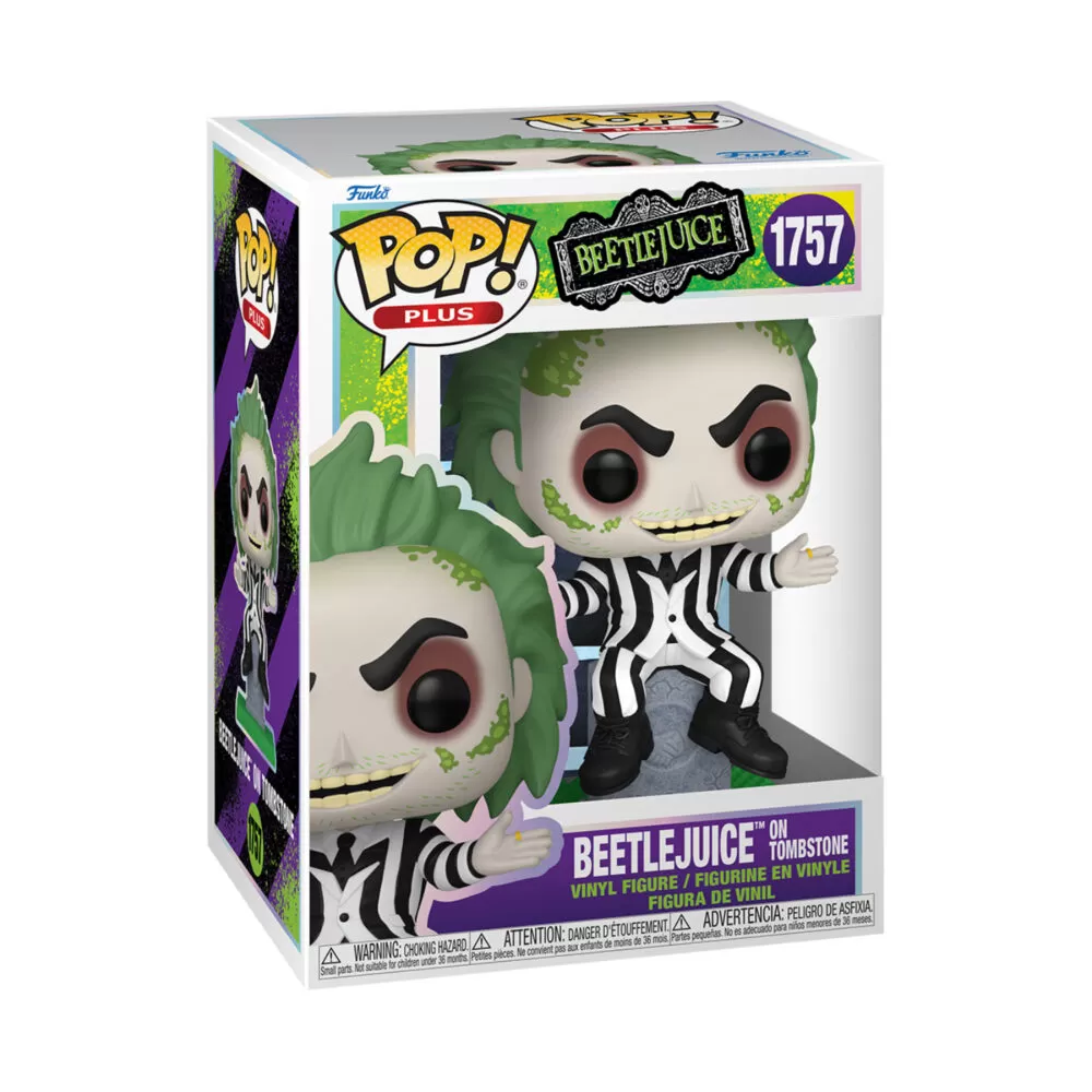 Front view of the Beetlejuice Funko Pop collectable on tombstone vinyl figure #1757 in its original packaging.