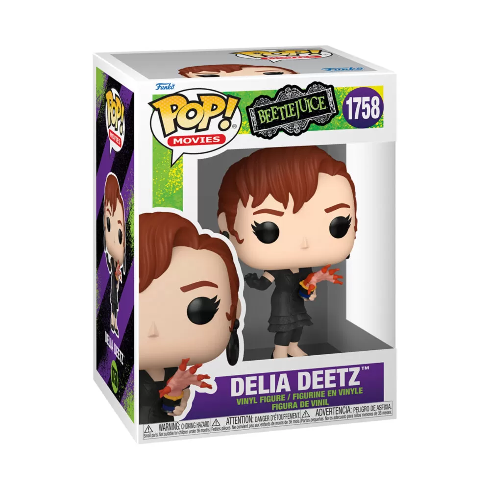 Front view of the Beetlejuice Delia Deetz Funko Pop collectable movies vinyl figure #1758 in its original packaging.