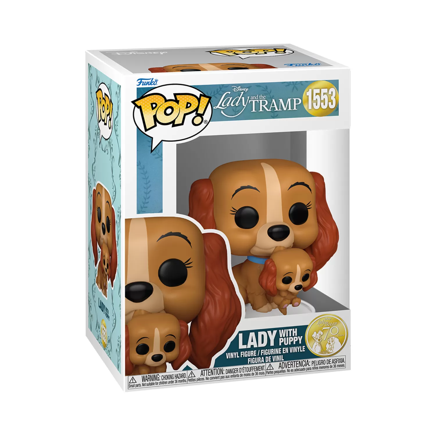 Front view of Funko Pop Lady with Puppy #1553 figure from Disney's Lady and the Tramp inside its original packaging
