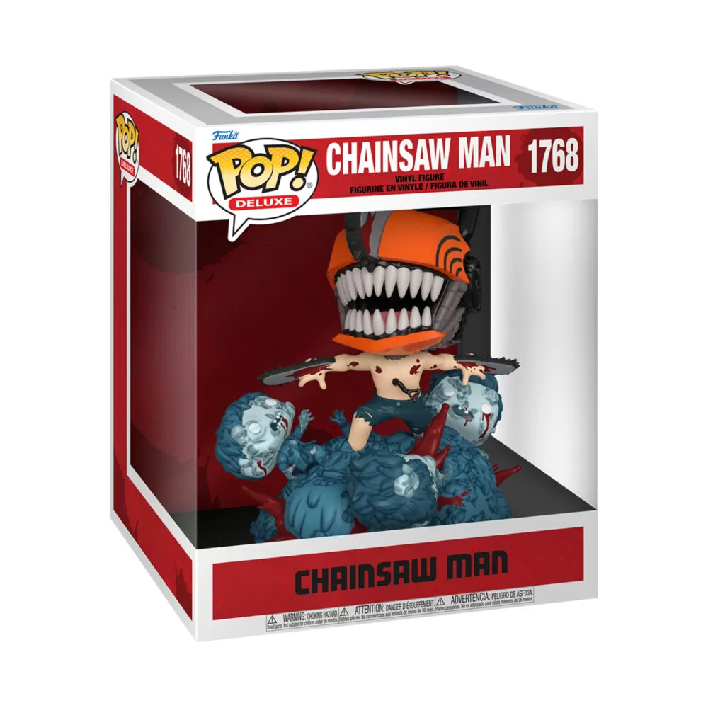 Packaged view of Chainsaw Man Funko Pop #1768, Chainsaw Man Deluxe vinyl pop in a display box.