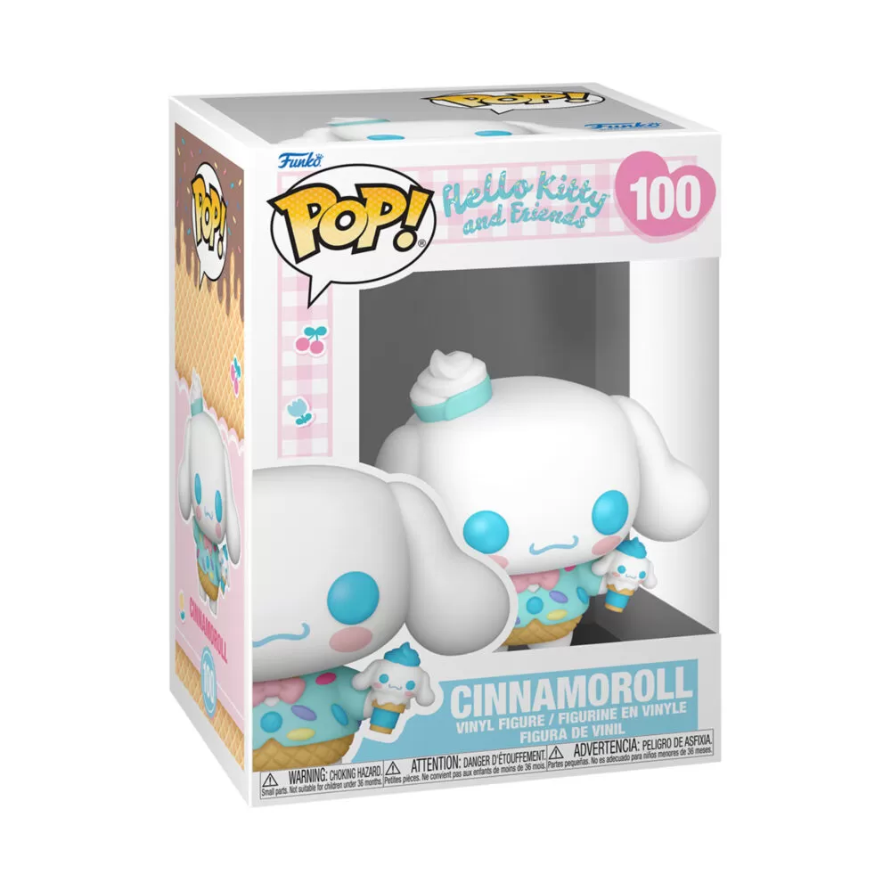 Front view of the Hello Kitty and Friends Cinnamoroll Funko Pop collectable with ice cream vinyl figure #100 in its original packaging.