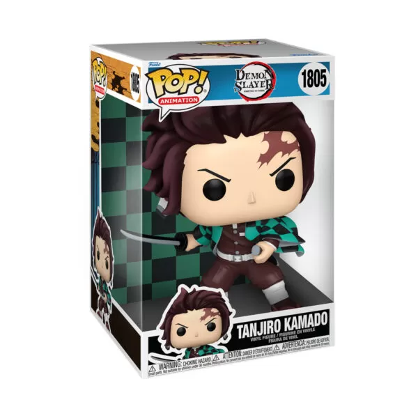 Packaged view of Tanjiro Kamado Funko Pop #1805, jumbo Demon Slayer vinyl pop in a display box.