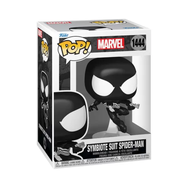 Front view of the Symbiote Suit Spider-Man Funko Pop Vinyl Figure, packaged in its collector-friendly window display box.