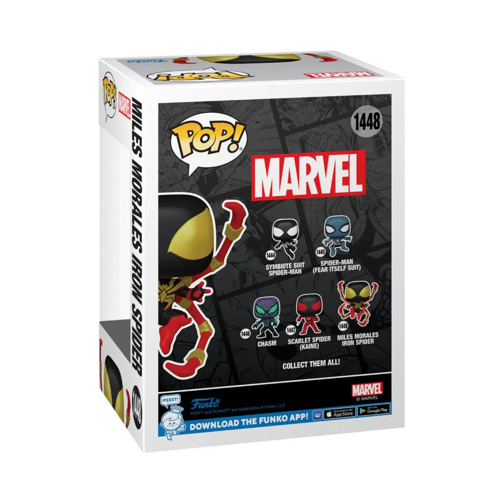 Back view of the Marvel Miles Morales Iron Spider Funko Pop Bobble Head in its packaging.