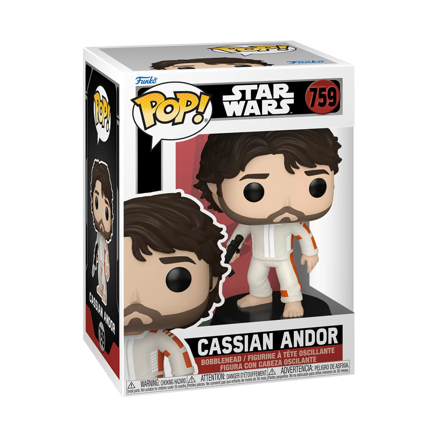 Front view of Funko Pop Cassian Andor with Blaster #759 figure from Star Wars: Andor inside its original packaging