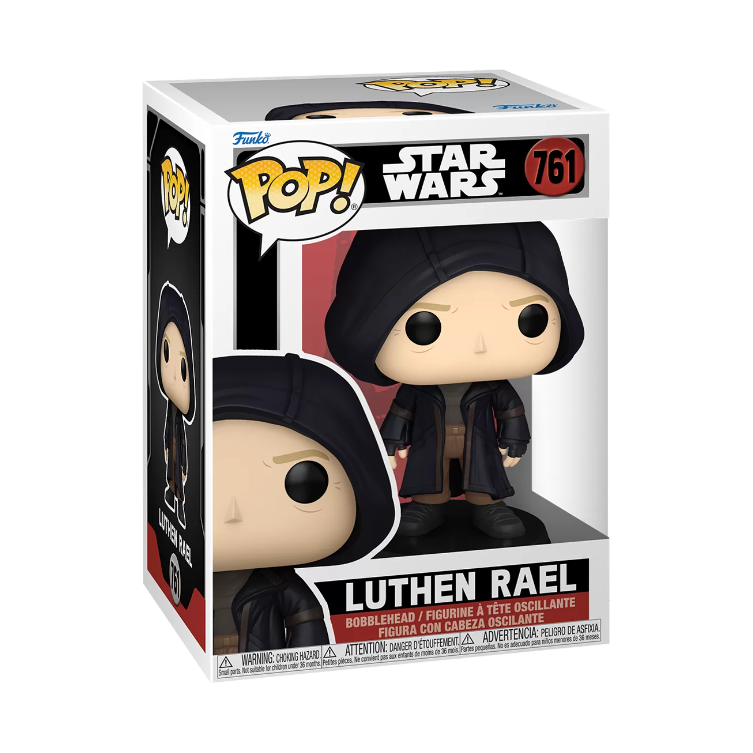 Front view of Funko Pop Luthen Rael #761 figure from Star Wars: Andor inside its original packaging
