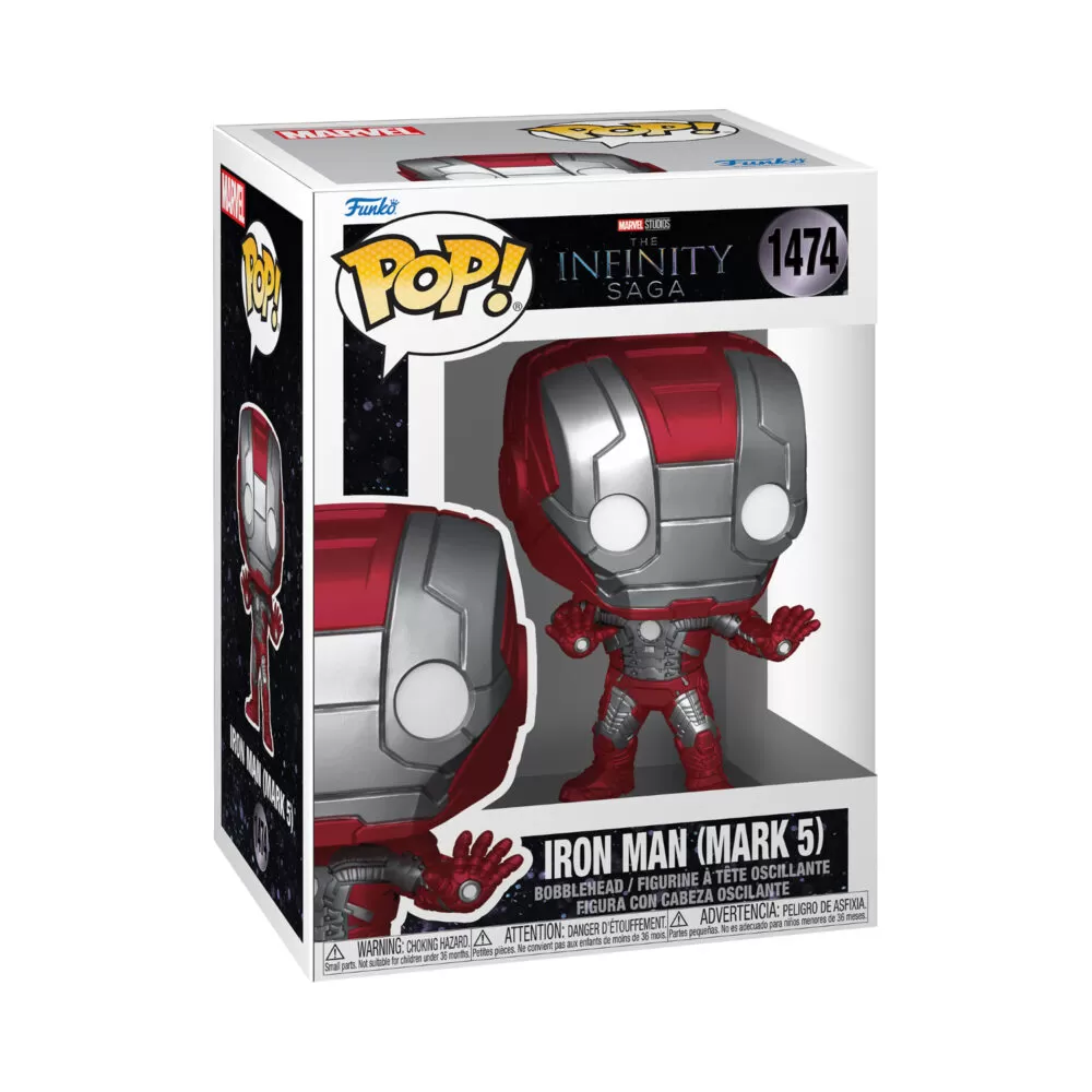 Front view of the Marvel Iron Man Funko Pop collectable The Infinity Saga Mark 5 bobblehead figure #1474 in its original packaging.