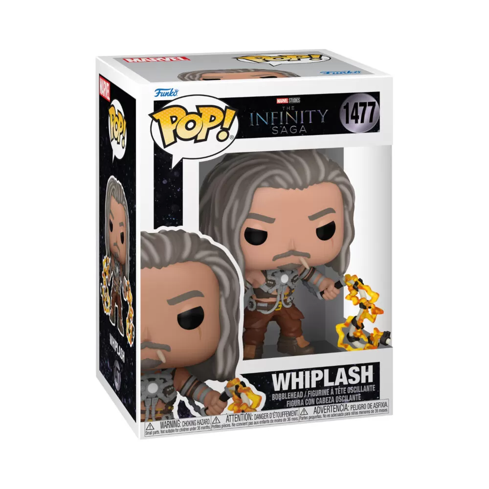 Front view of the Marvel Whiplash Funko Pop collectable The Infinity Saga bobblehead Figure #1477 in its original packaging.