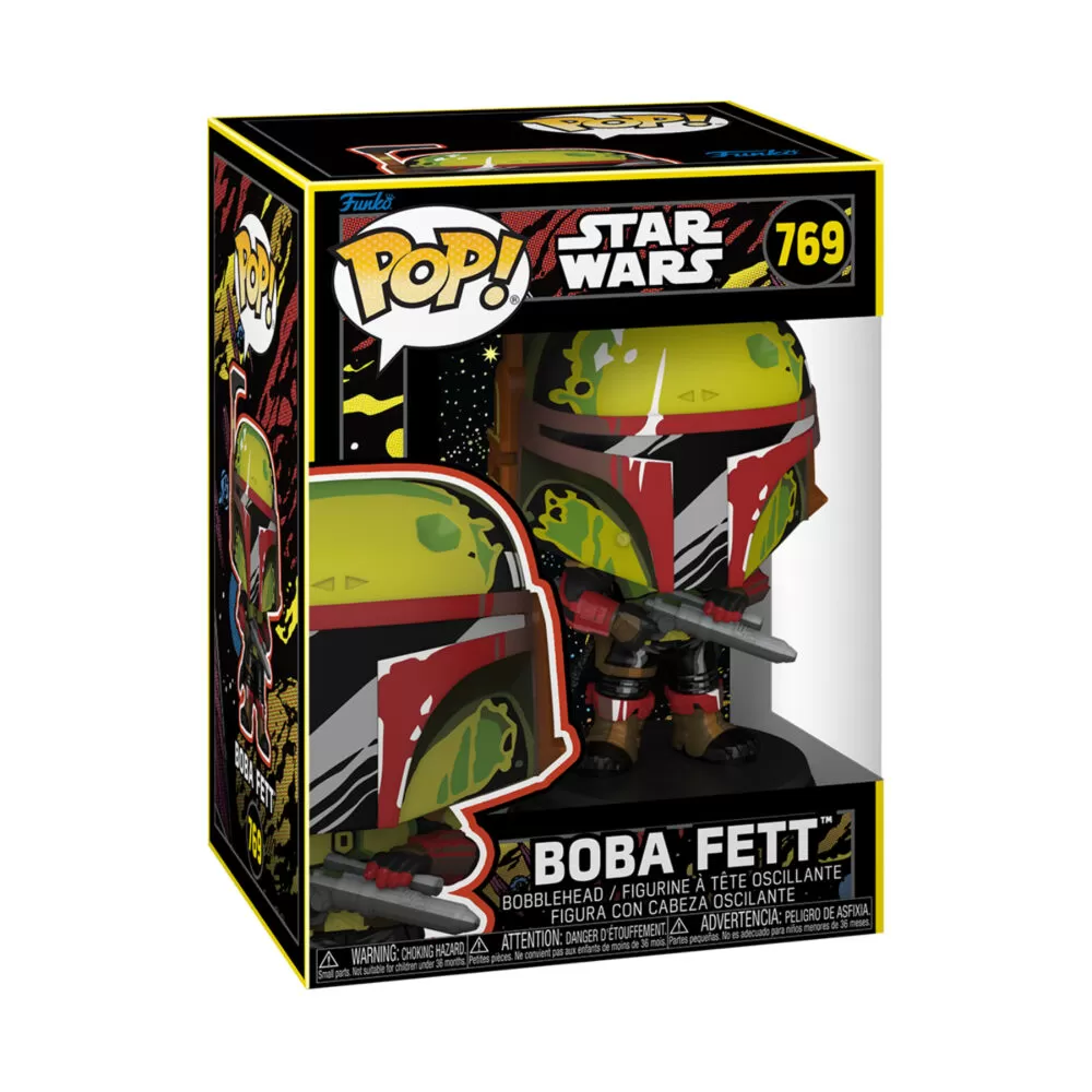 Front view of the Star Wars Funko Pop Boba Fett Retro collectible bobblehead vinyl figure #769 in original packaging.