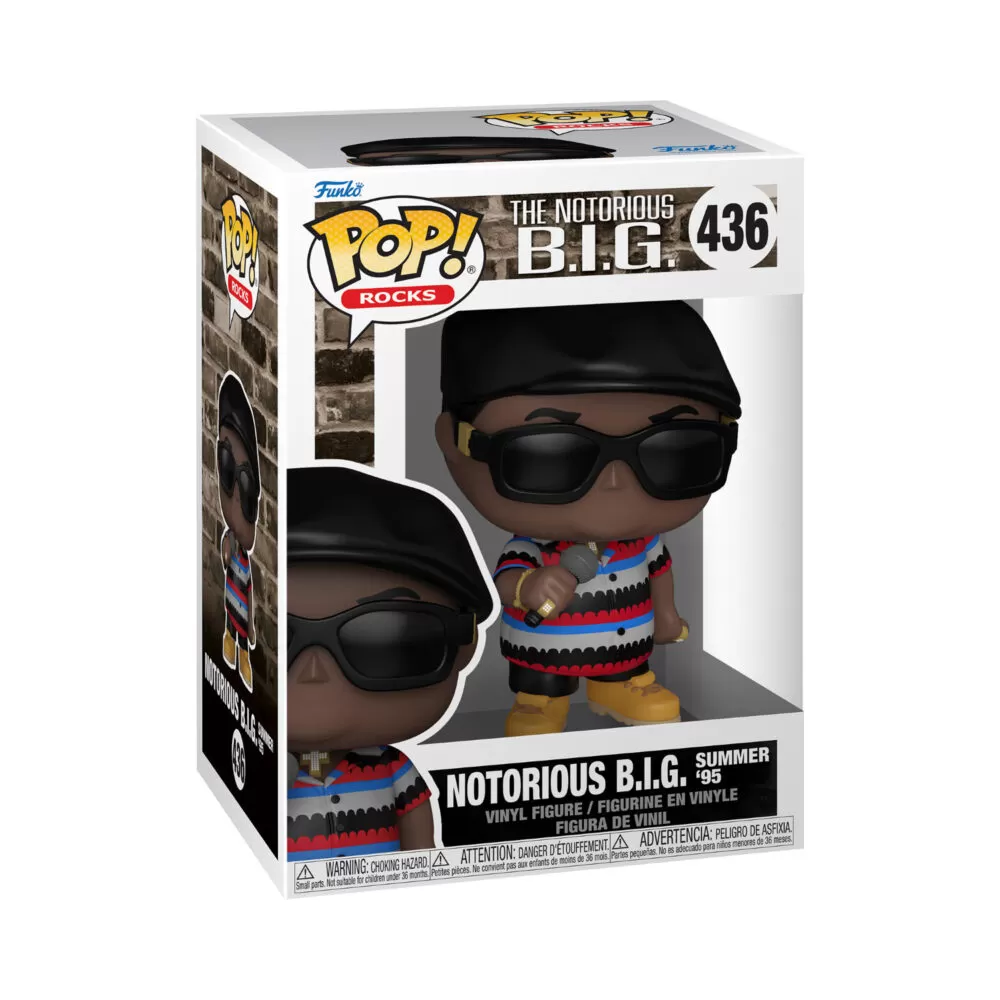 Front view of the Notorious B.I.G. Summer '95 collectible Funko Pop Vinyl Figure #436 in original packaging.