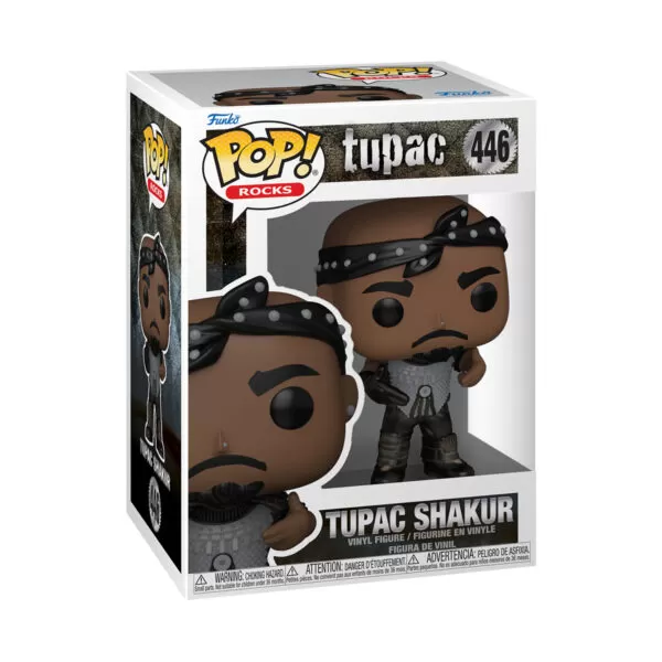 Front view of the Tupac Shakur Funko Pop collectable Rocks vinyl figure #446 in its original packaging.