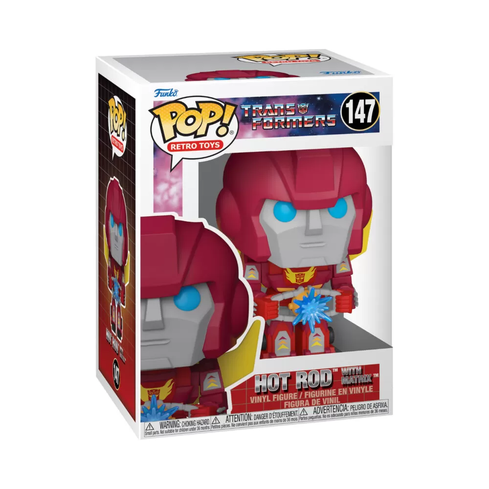 Front view of the Transformers Funko Pop Hot Rod with Matrix collectible vinyl figure #147 in original packaging.