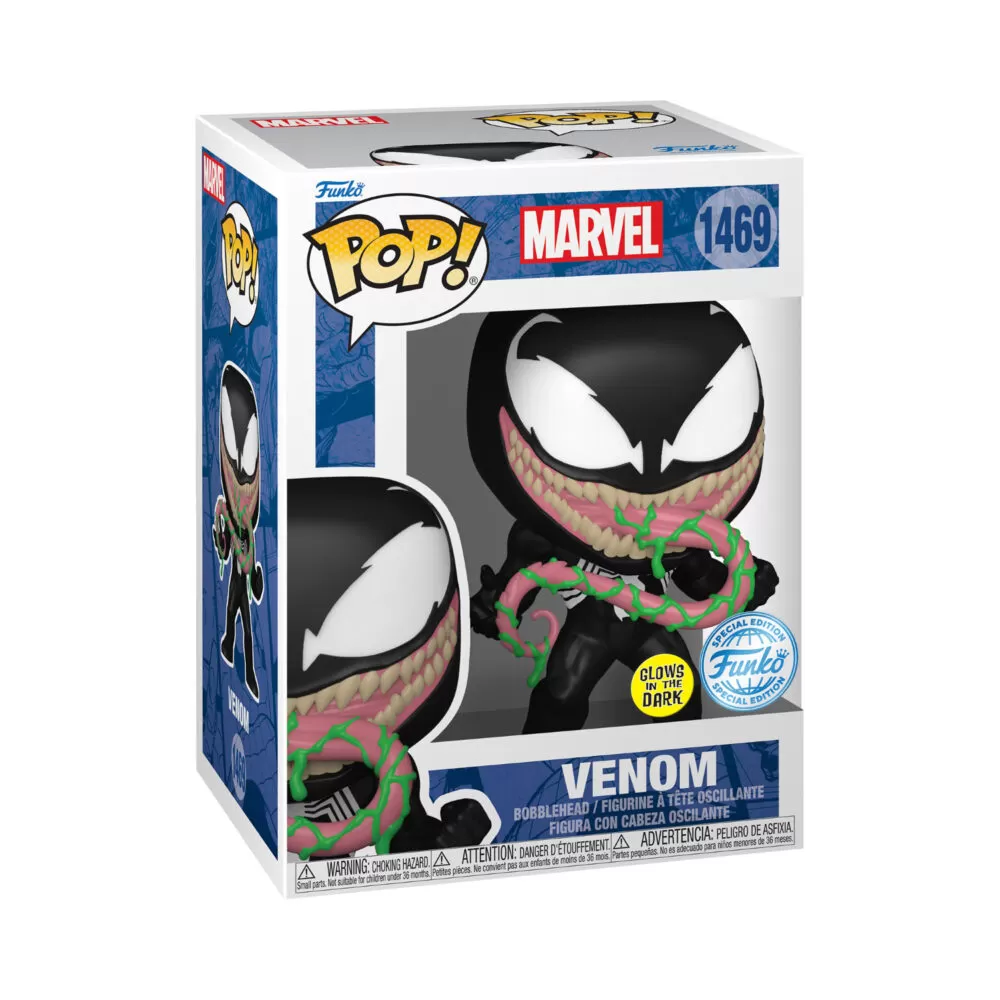 Packaged view of Venom Funko Pop #1469 in a glow-in-the-dark collectible display box.