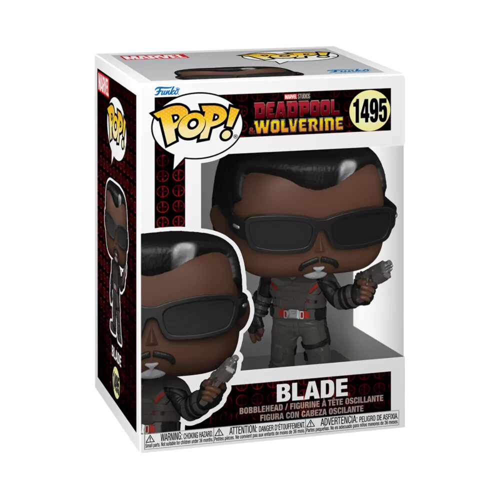 Front view of the Marvel Blade Funko Pop collectable from the Deadpool & Wolverine series, bobblehead Figure #1495, in its original packaging.