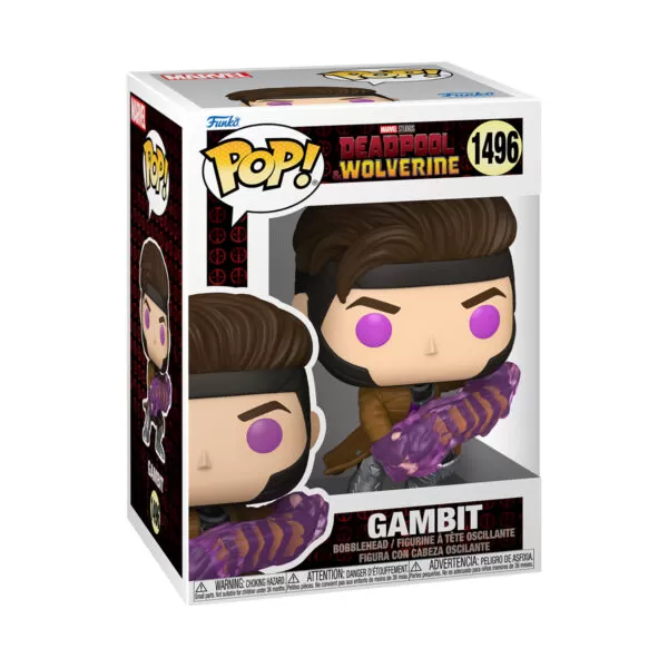 Front view of the Marvel Gambit Funko Pop collectable from the Deadpool & Wolverine series, bobblehead Figure #1496, in its original packaging.