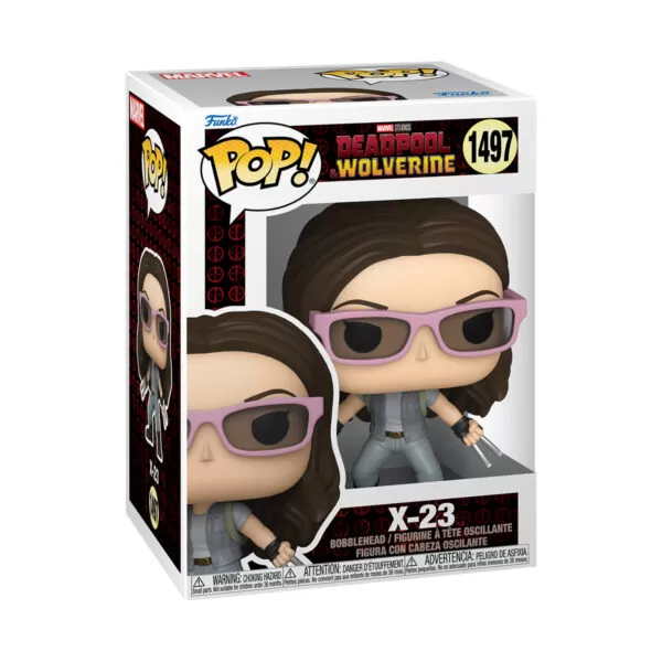 Front view of the Marvel X-23 Funko Pop collectable from the Deadpool & Wolverine series, bobblehead Figure #1497, in its original packaging.