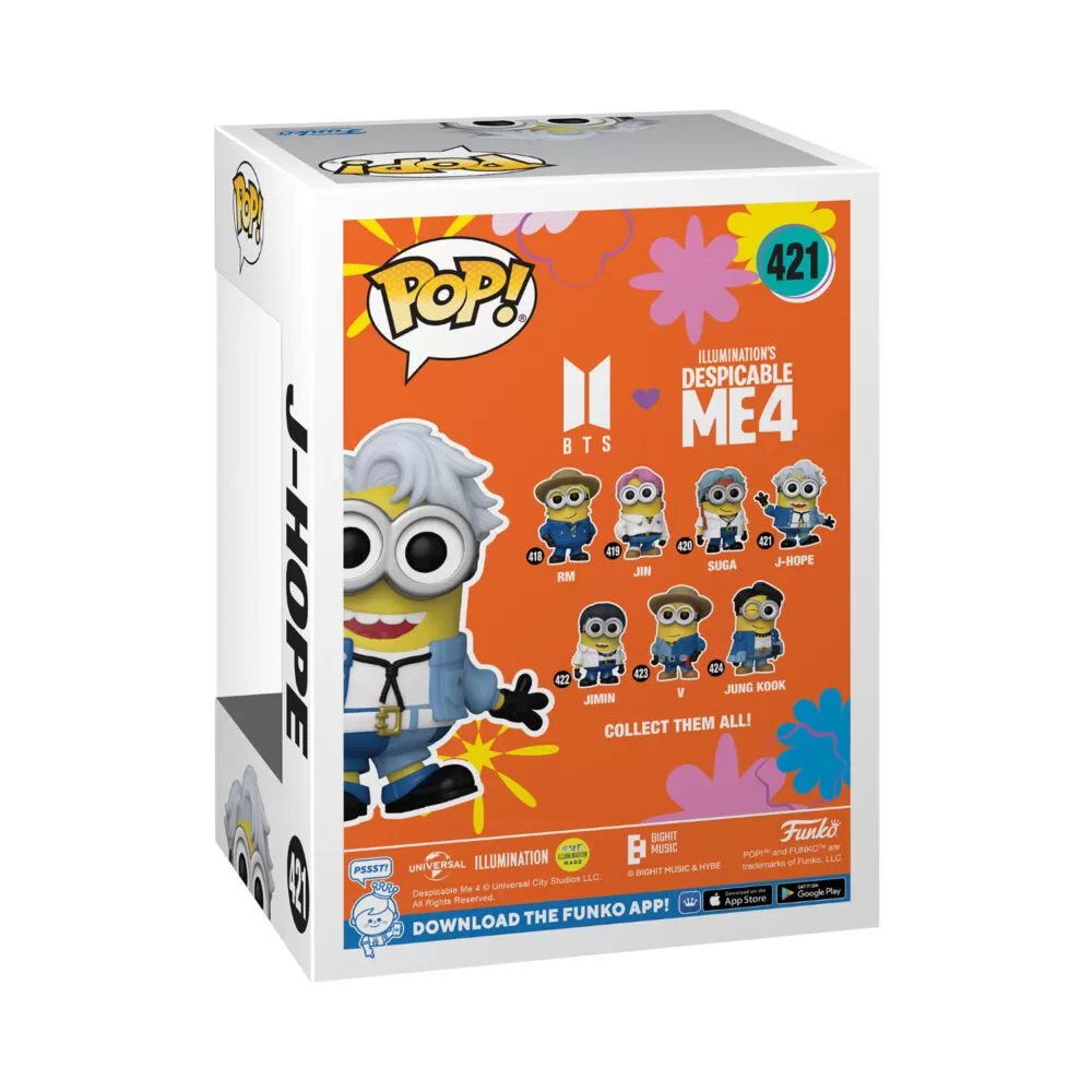 Back view of the J-Hope Minion Funko Pop Vinyl Figure in its window display box, highlighting packaging details.