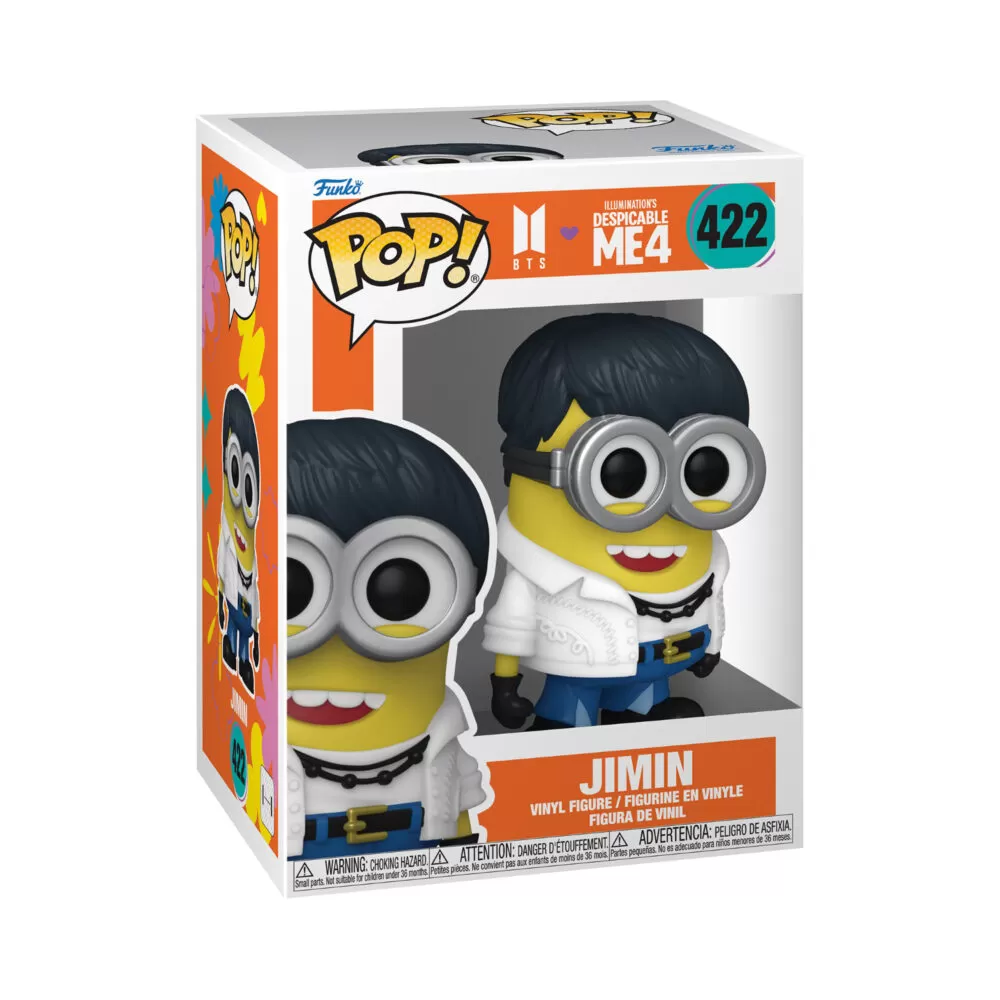 Front view of the Jimin Minion Funko Pop Vinyl Figure in its window display box, showcasing its vibrant and quirky design inspired by Despicable Me 4.