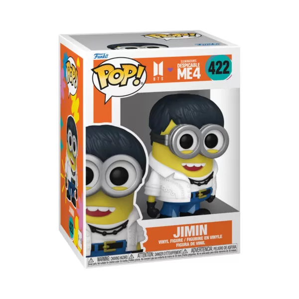 Front view of the Jimin Minion Funko Pop Vinyl Figure in its window display box, showcasing its vibrant and quirky design inspired by Despicable Me 4.