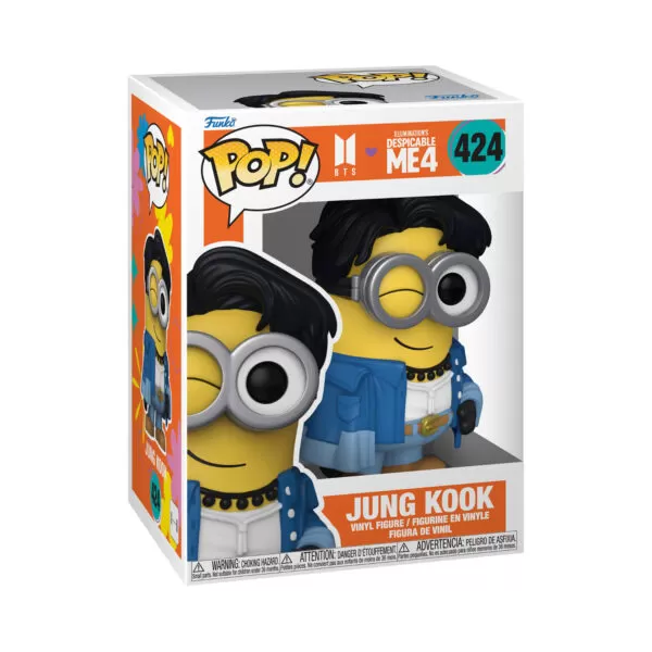 Front view of the Jung Kook Minion Funko Pop Vinyl Figure in its window display box, showcasing its playful design inspired by Despicable Me 4.