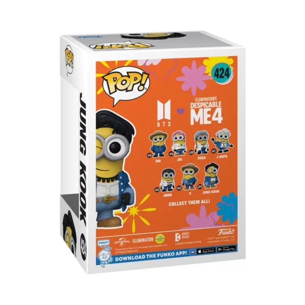 Back view of the Jung Kook Minion Funko Pop Vinyl Figure in its window display box, highlighting the packaging and product details.