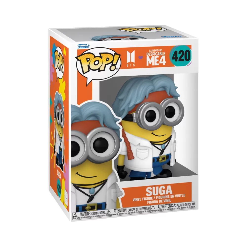 Front view of the Suga Minion Funko Pop Vinyl Figure in its window display box, inspired by Despicable Me 4 and BTS.