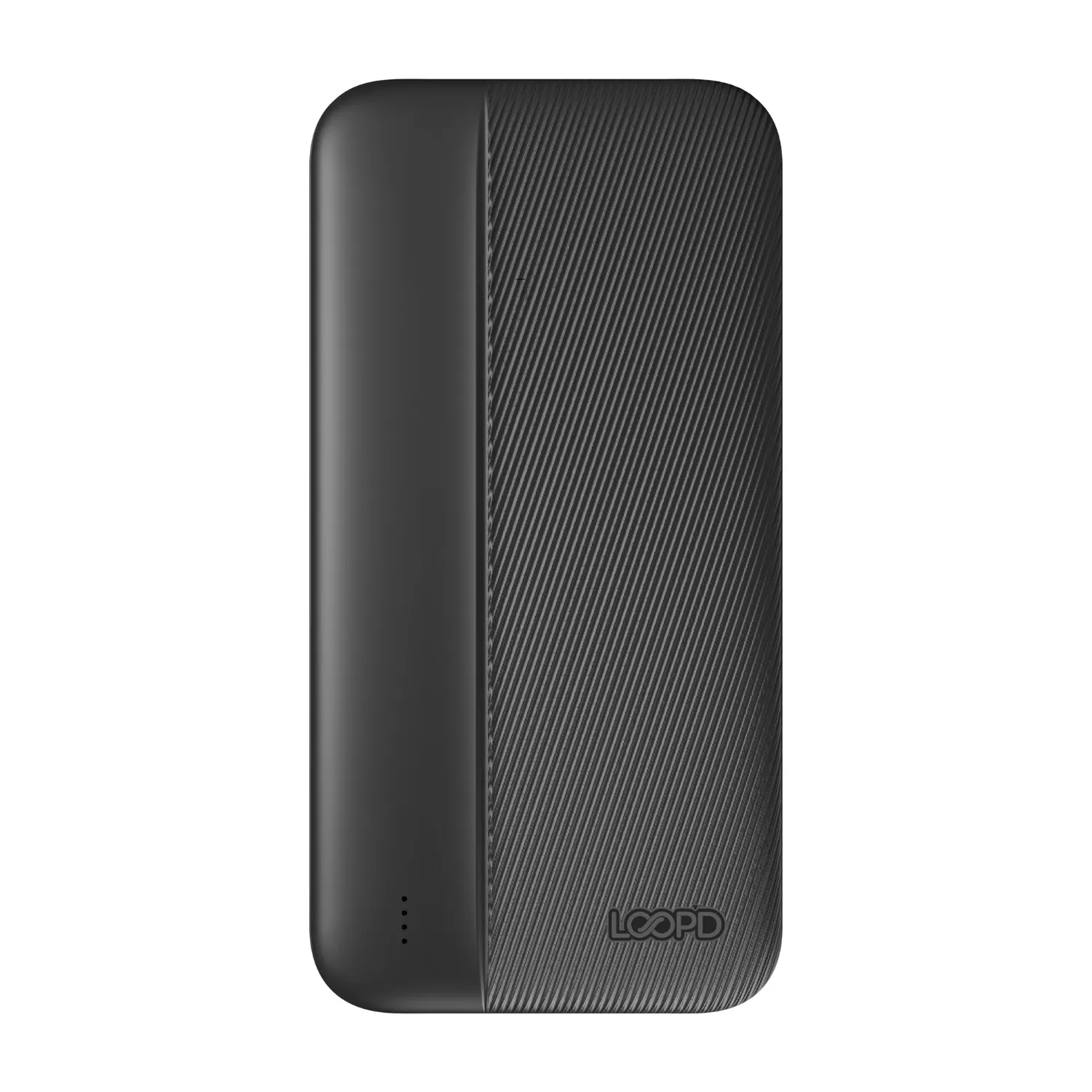 Loopd power bank 20000mAh - front view showing 4 LED indicators. A high-capacity fast charging power bank with compact design for everyday portable charging.