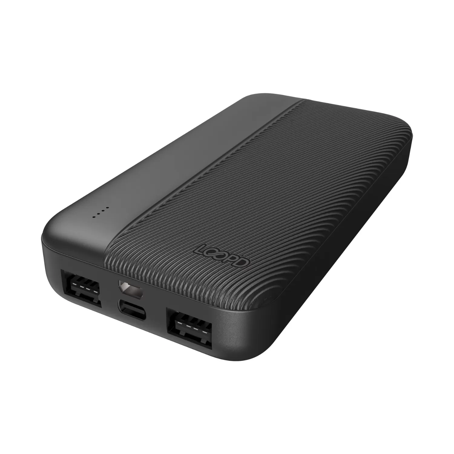 Slim side profile of the loopd power bank 20000mAh with 3 amp output – a fast charging power bank for smartphones and tablets.