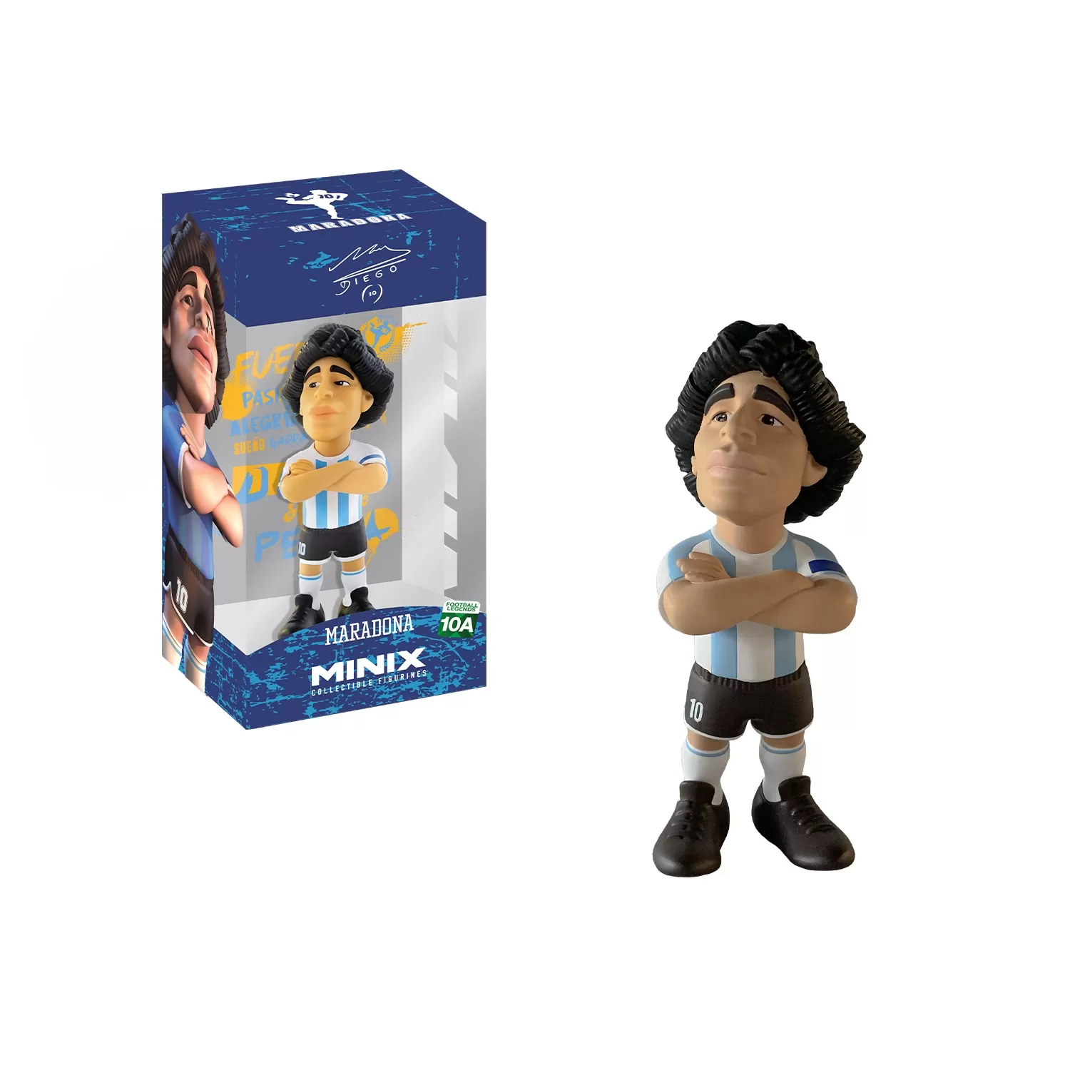 Front unboxed view of the Diego Maradona MINIX Figurine, showcasing the intricate details of his football kit and hand of God pose.