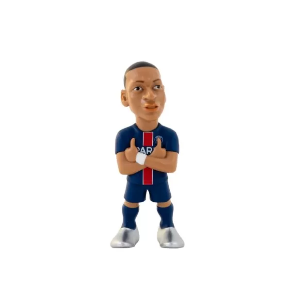 Front view of the Mbappe MINIX Figurine, showcasing his PSG kit, football boots, and dynamic pose.