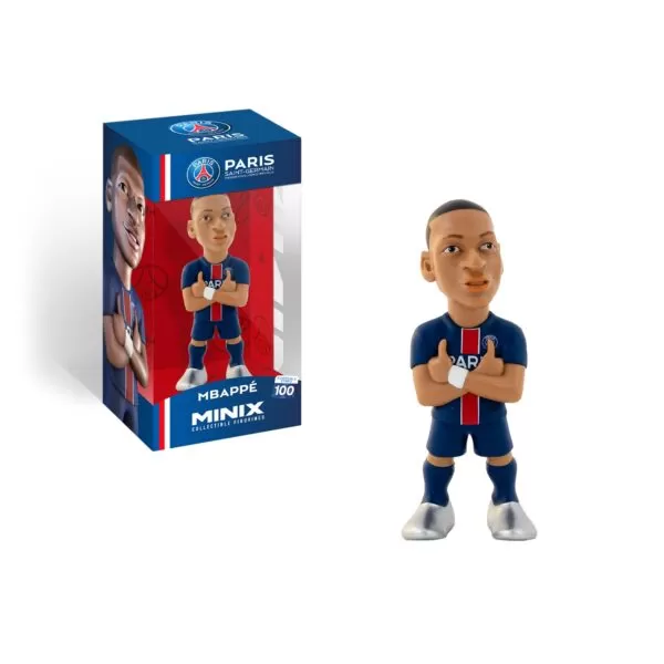 Front unboxed view of the Mbappe MINIX Figurine, showcasing the intricate details of his PSG kit and football boots.