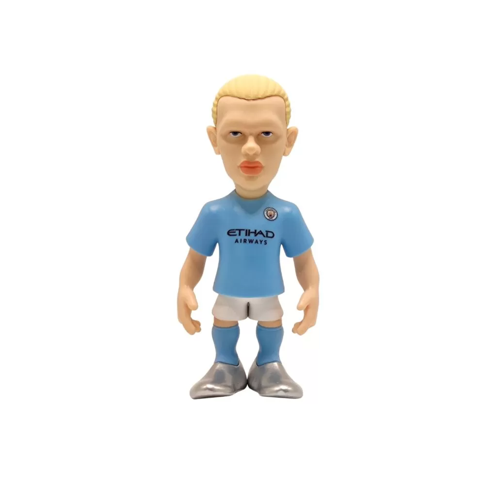 Front view of the Erling Haaland MINIX Figurine, showcasing his Manchester City kit, football boots, and powerful goal-scoring pose.