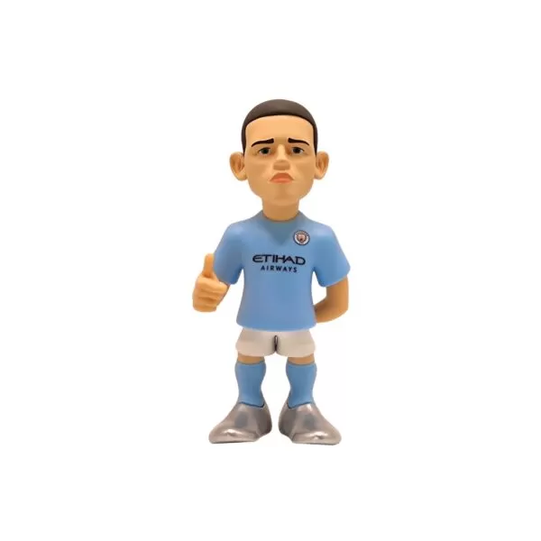 Front view of the Phil Foden MINIX Figurine, showcasing his Manchester City kit, football boots, and dynamic expression.