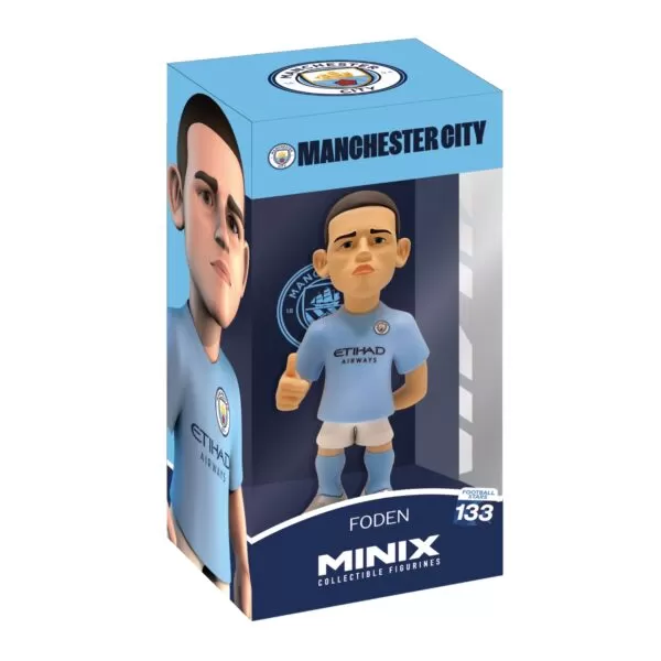 View of the packaging for the Phil Foden MINIX Figurine, featuring window display box design with clear packaging for protection.