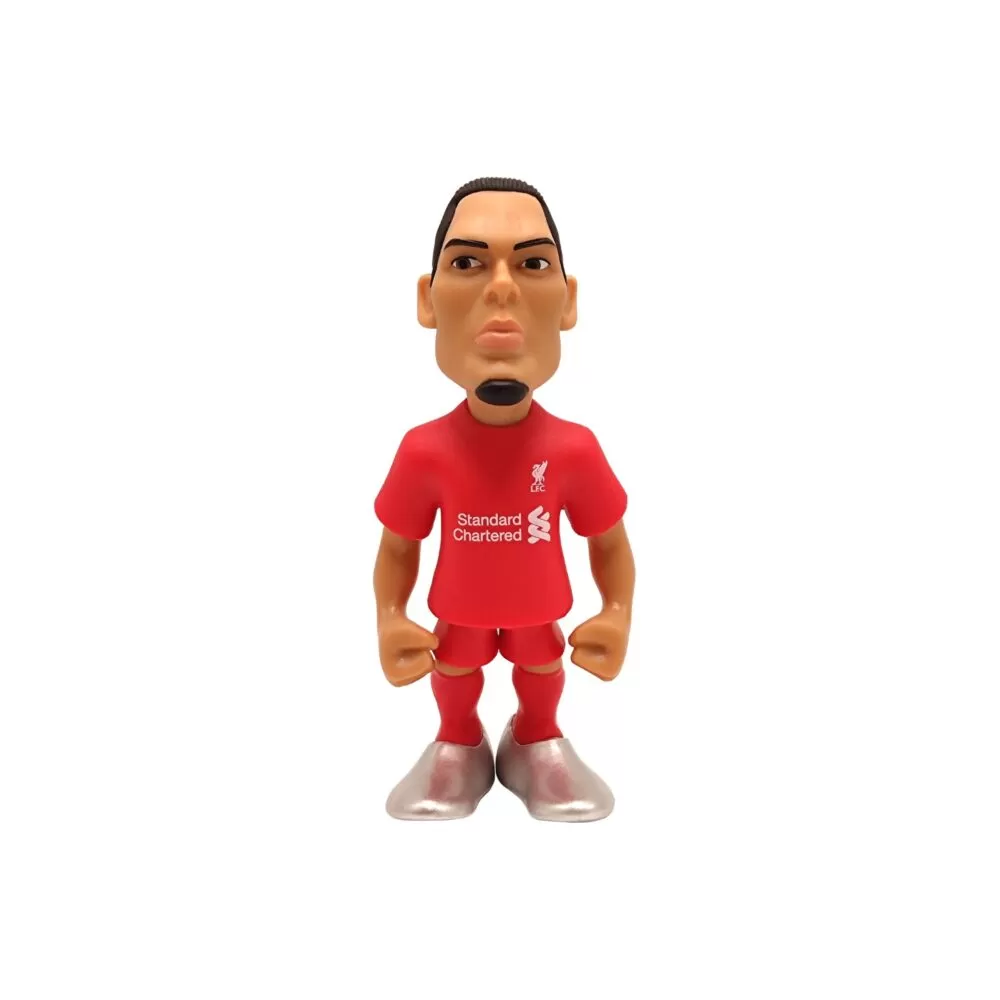 Front view of the Van Dijk MINIX Figurine, showcasing his Liverpool kit, football boots, and commanding expression.